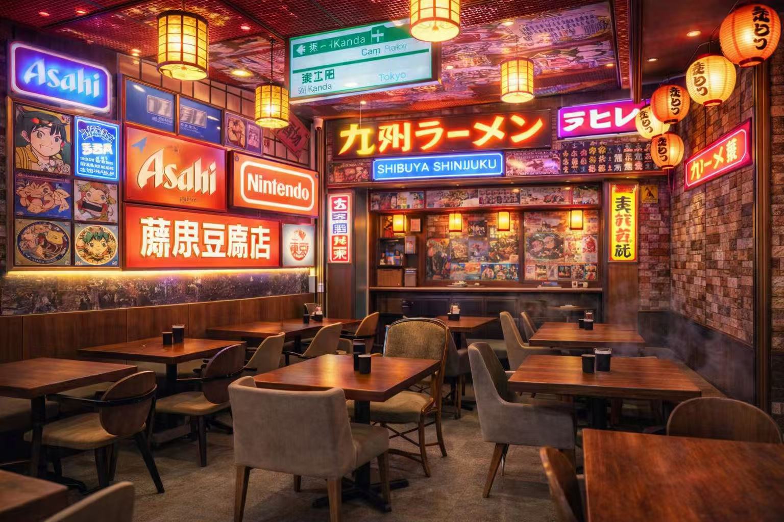 Salle aux néons japonais et affiches manga
