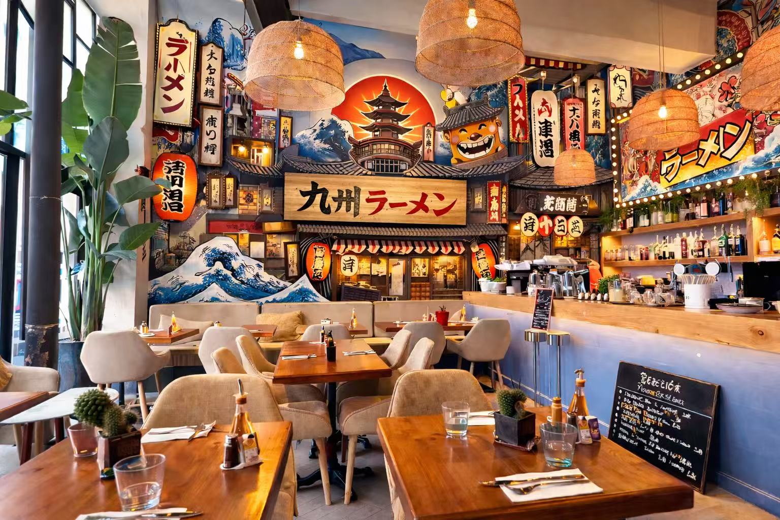 Salle avec fresque japonaise et tables en bois