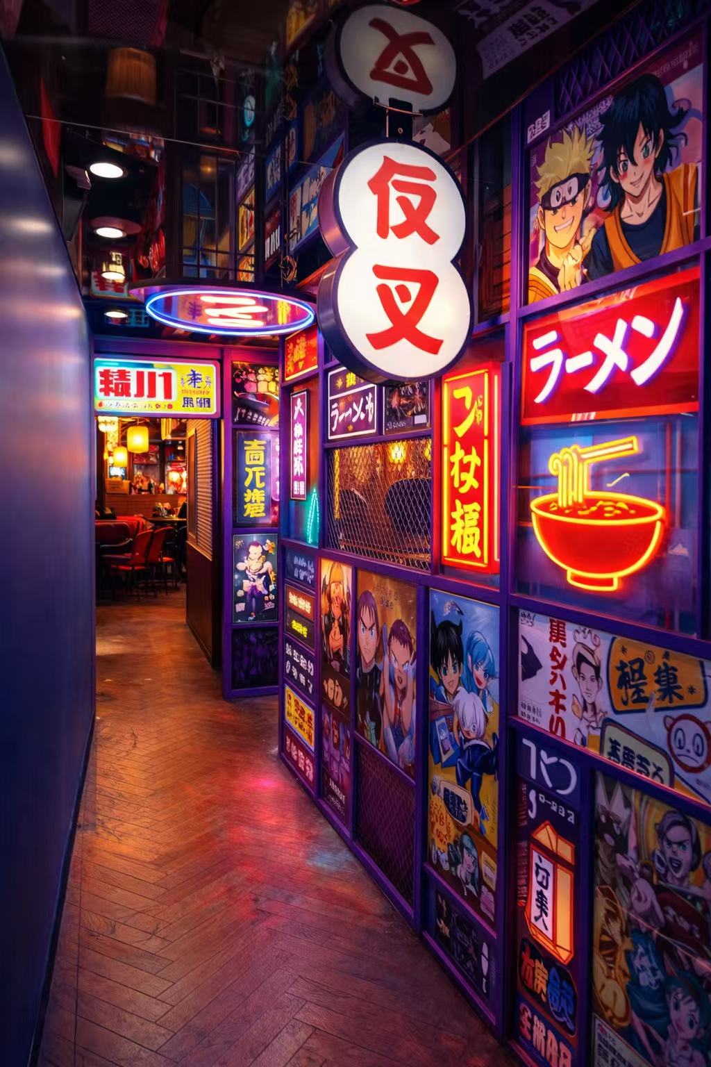 Couloir manga aux néons et affiches japonaises