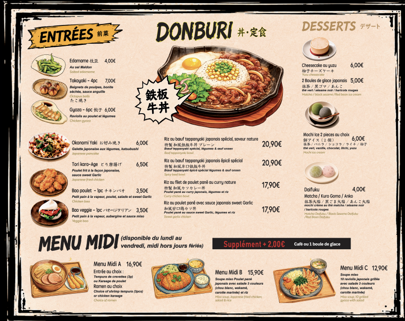 Carte Kyushu Ramen — Entrées, Donburi, Menu Midi, Desserts