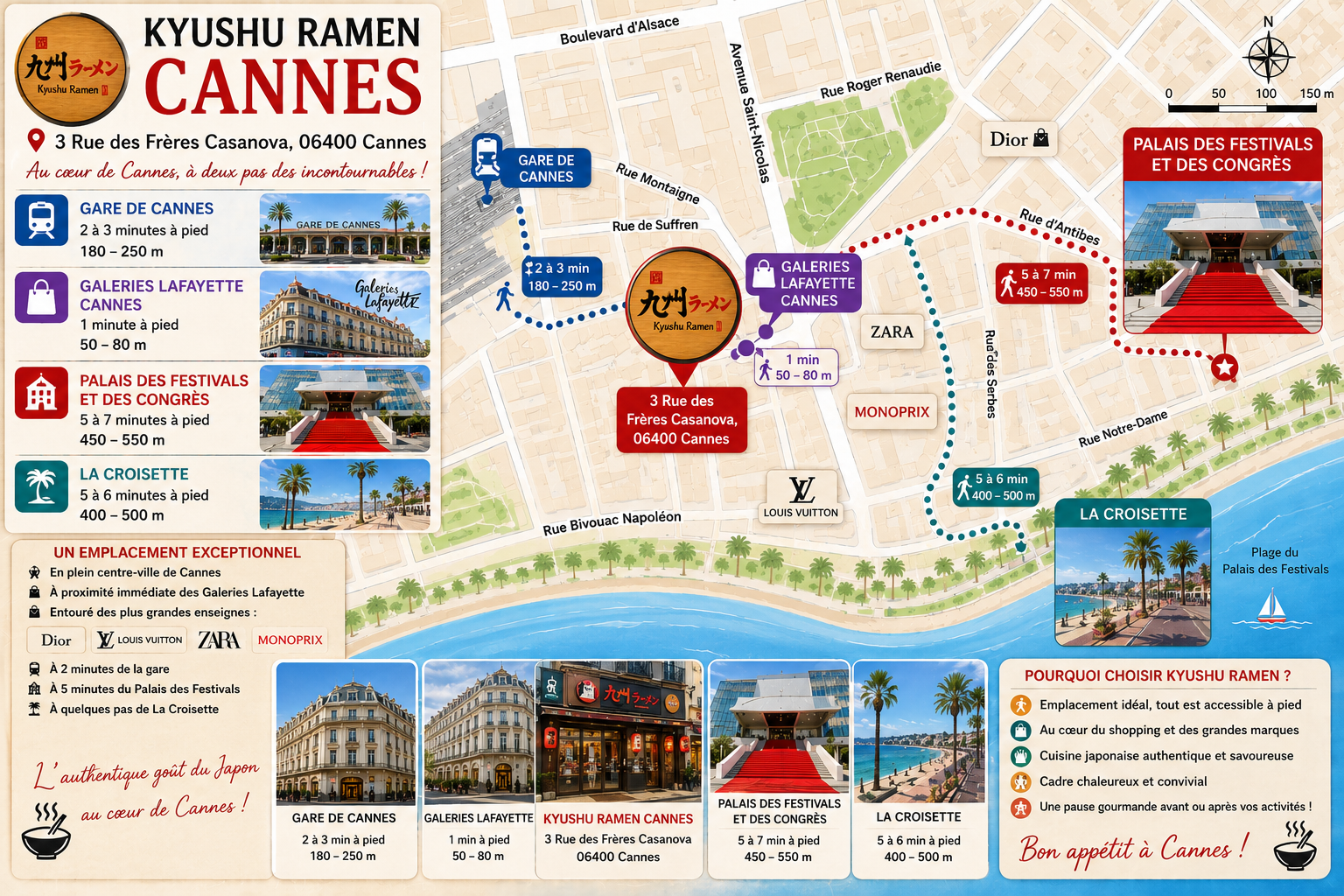 Plan d'accès Kyushu Ramen Cannes — gare, Galeries Lafayette, Palais des Festivals et La Croisette à quelques minutes à pied